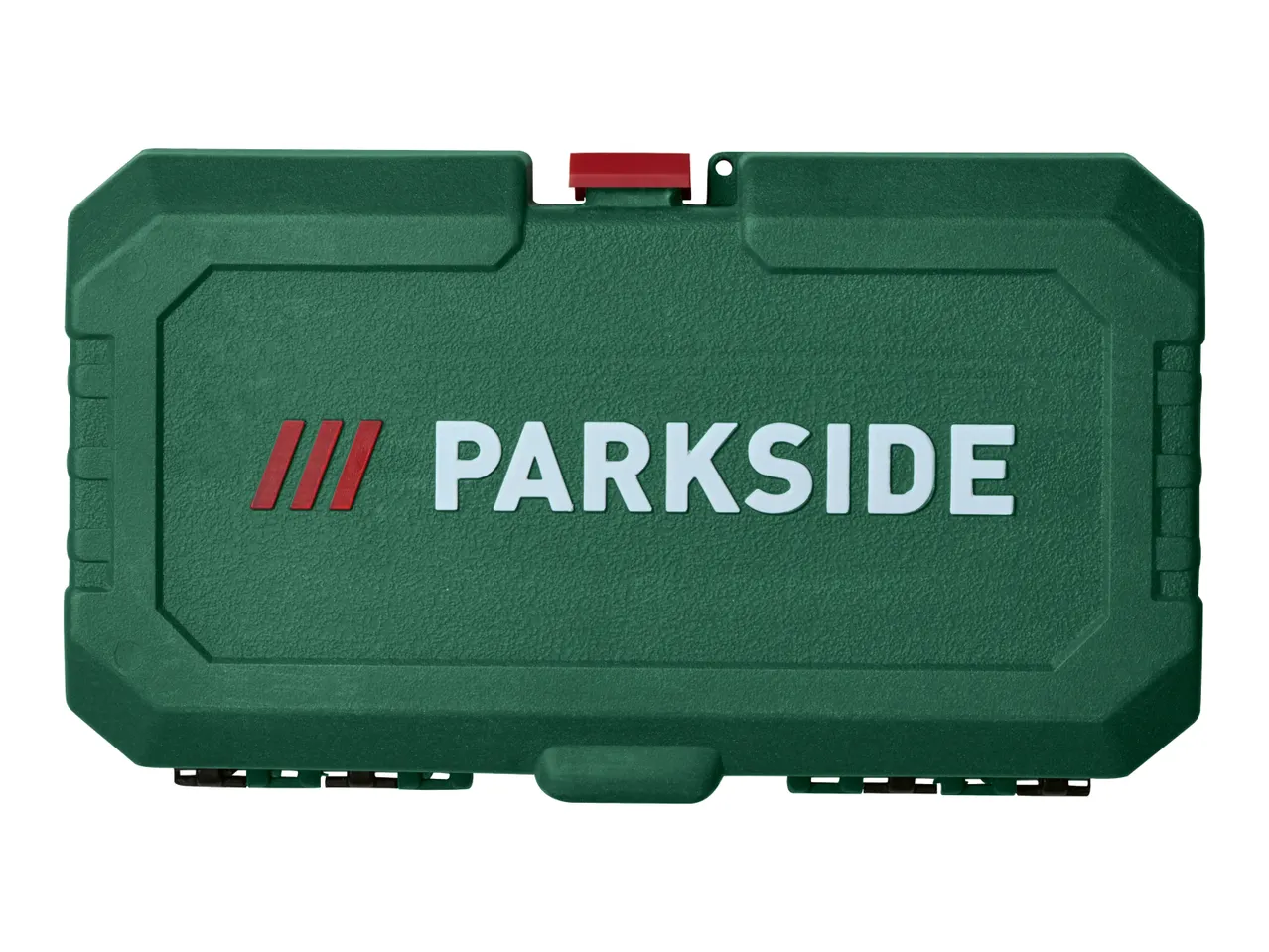 Green plastic tool case with a red latch and white lettering.