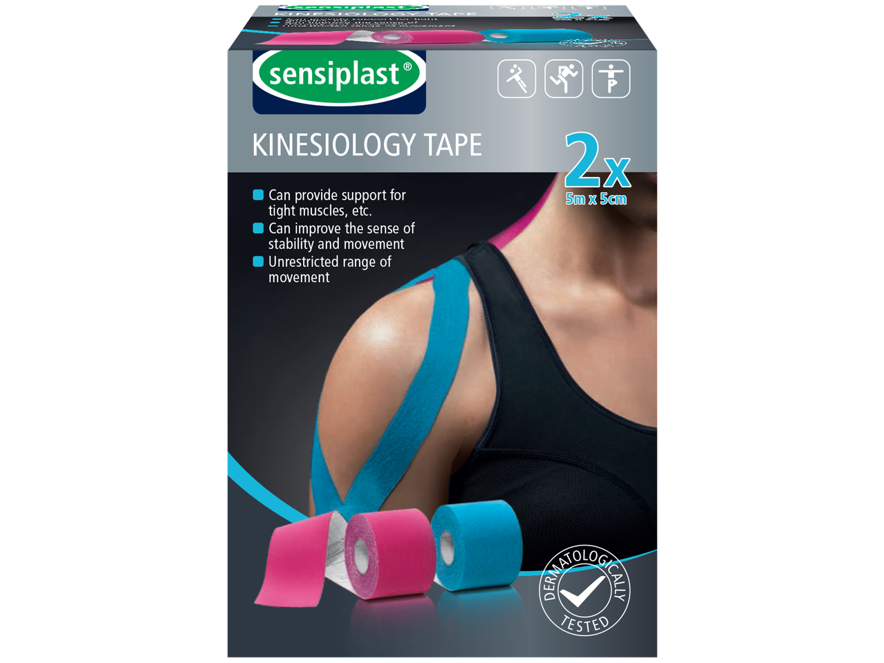 Sensoplast kinesiology tape for muscle support and stability.