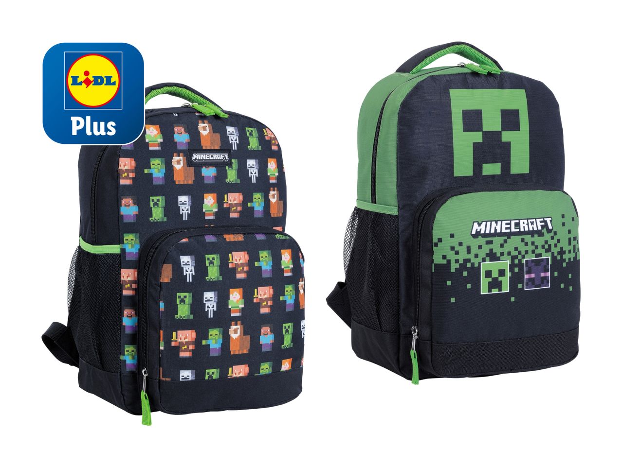 Zwei Minecraft-Rucksäcke von Lidl Plus: einer mit Pixel-Charakteren, der andere mit einem Creeper.
