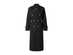 Black double-breasted trench coat with gold buttons and a tie belt.