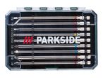 PARKSIDE screwdriver bit set in a clear case, featuring various bit types and sizes.