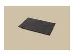 Dark grey rectangular bath mat with a textured, shaggy surface on a light beige background.
