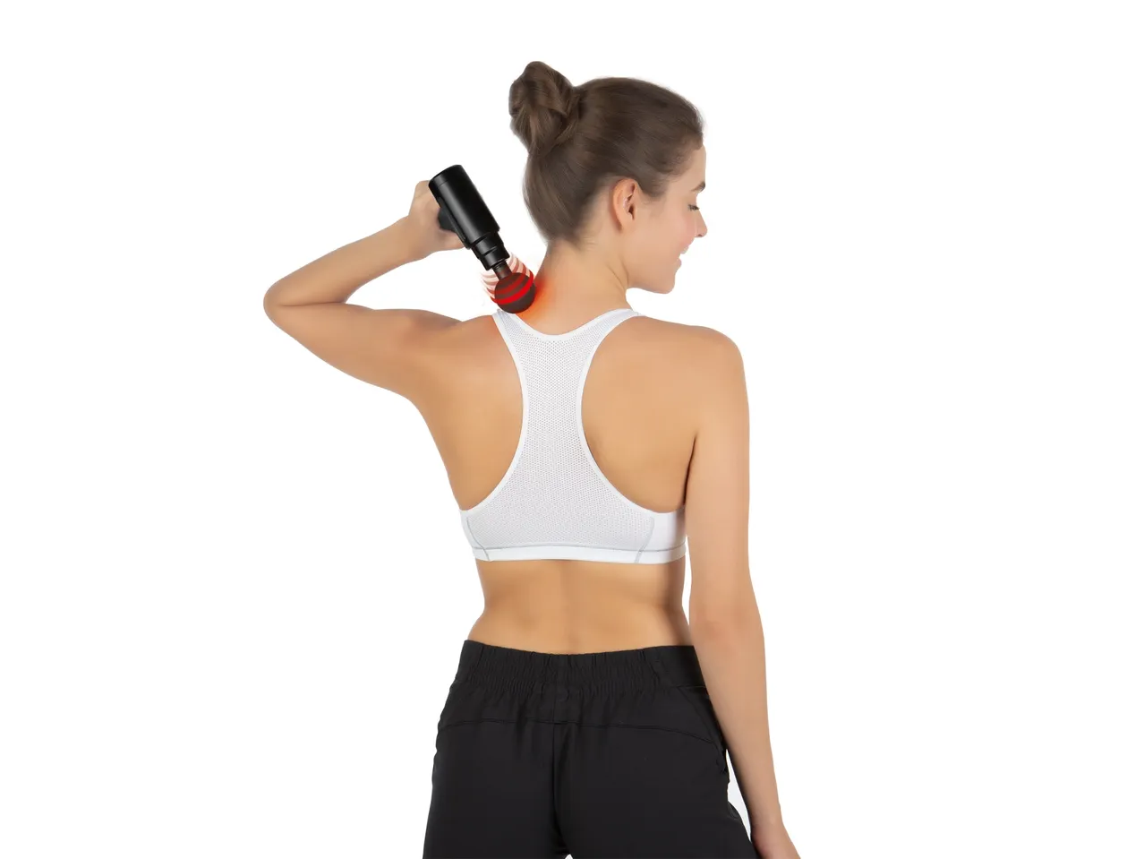Woman using VITALMAXX® massage gun on shoulder.