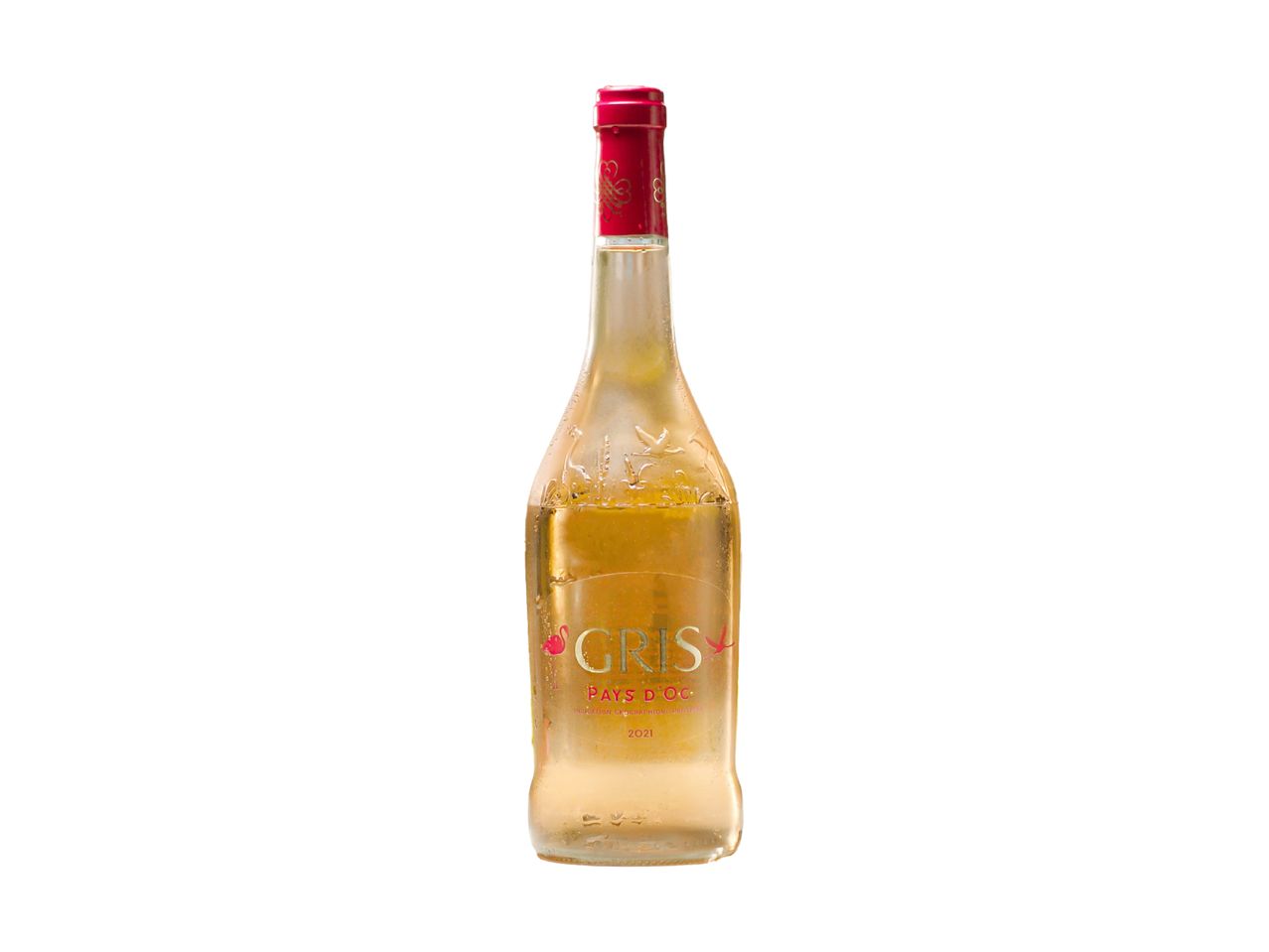 A bottle of pale yellow rosé wine with a red cap.