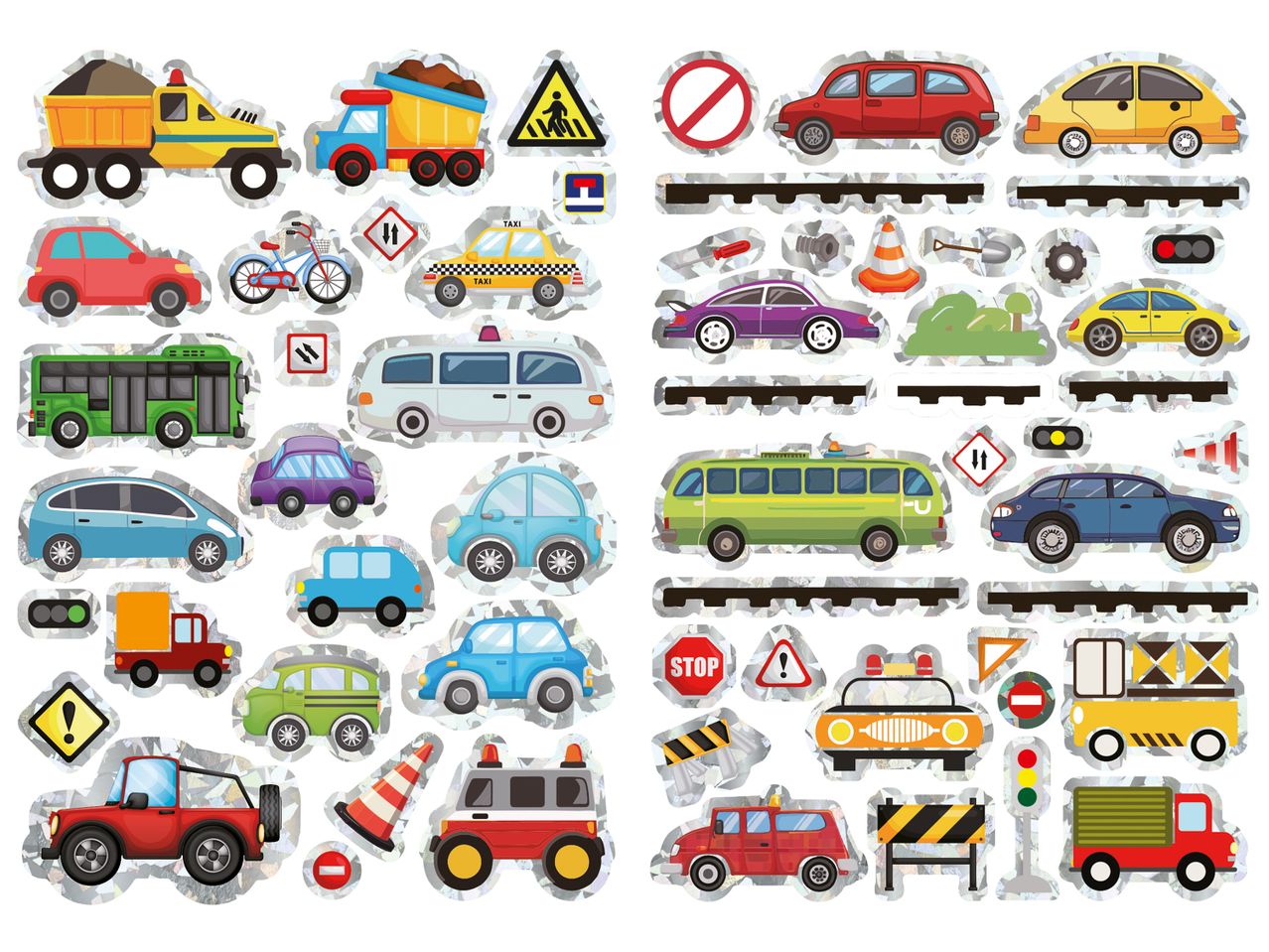 A collection of colorful vehicle and road sign stickers.