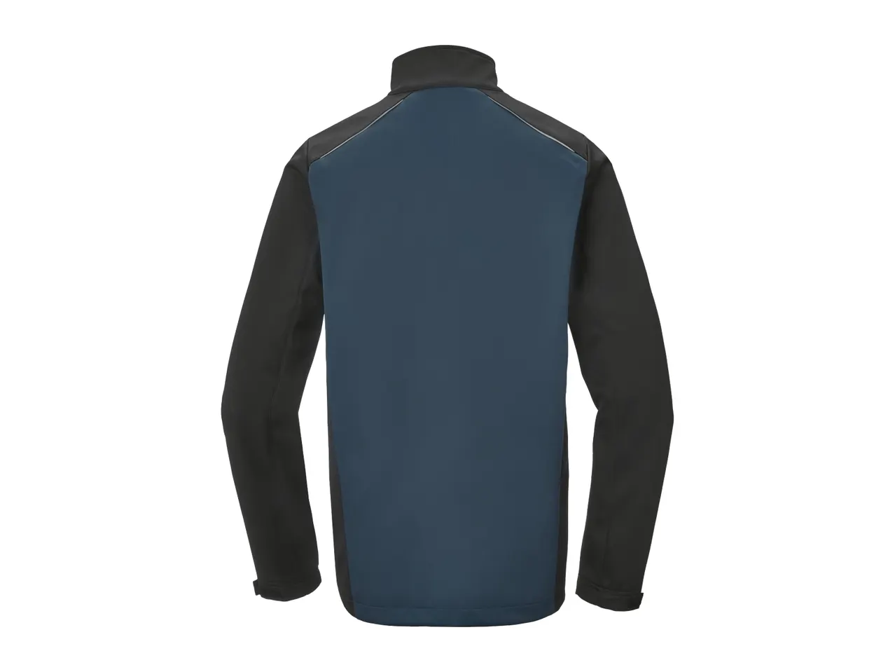 Back view of a navy blue and black softshell jacket with a stand-up collar.