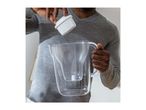 Person holding a water filter pitcher and inserting a new filter cartridge.