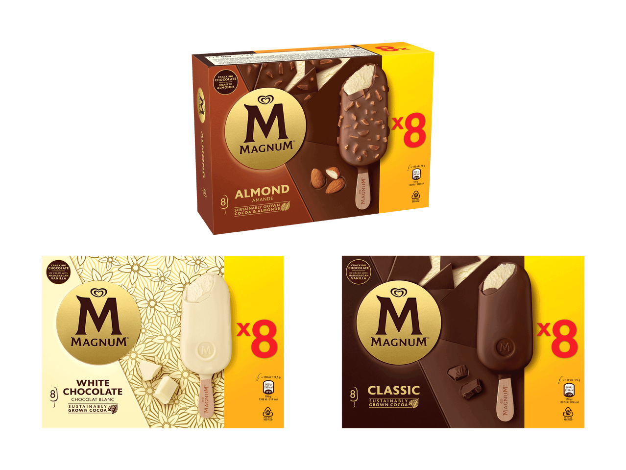 Drei Packungen Magnum-Eis: Mandel, weiße Schokolade und Klassik.