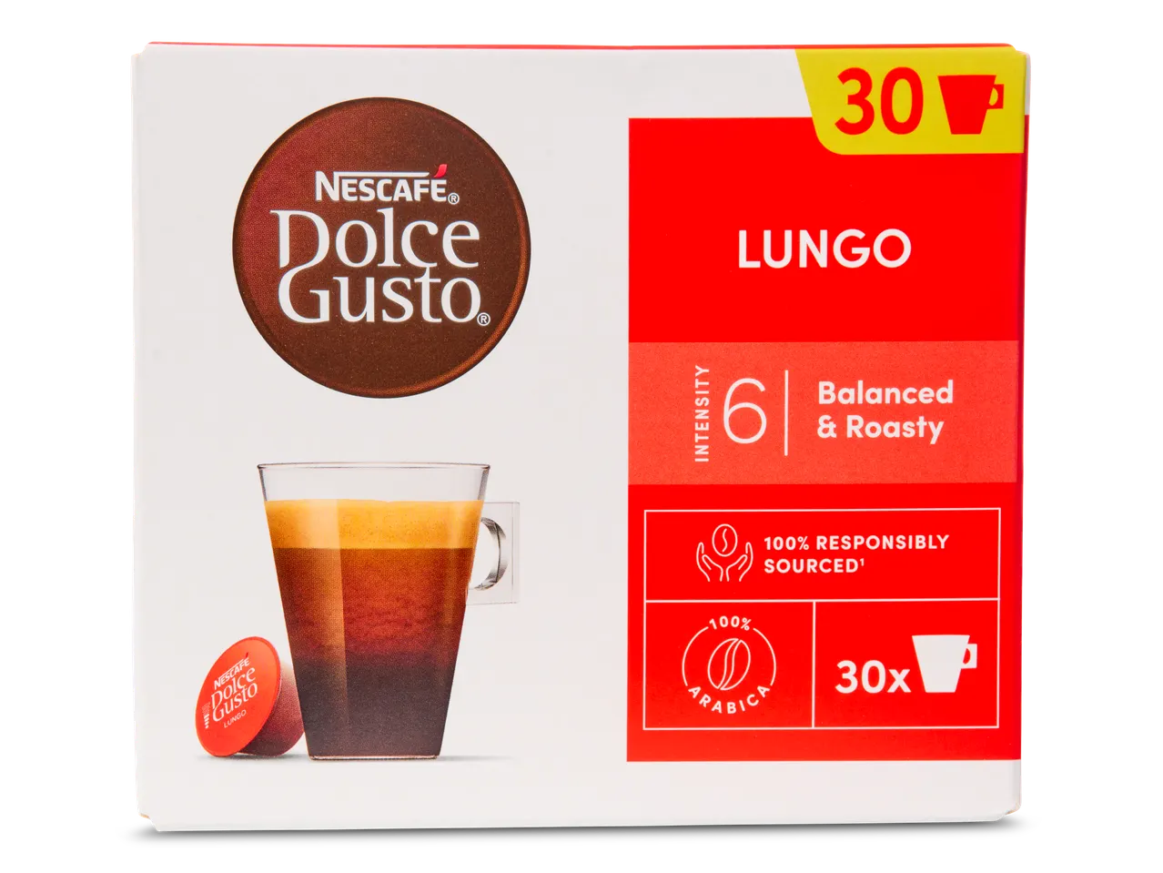 Nescafé Dolce Gusto Lungo capsules, 30 stuks, Arabica koffie.