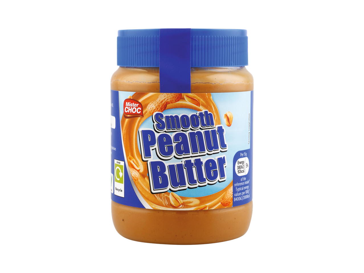 A jar of Mister Choc Smooth Peanut Butter with nutritional information.