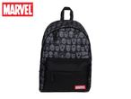 Black backpack with a pattern of comic book character faces and a red logo.