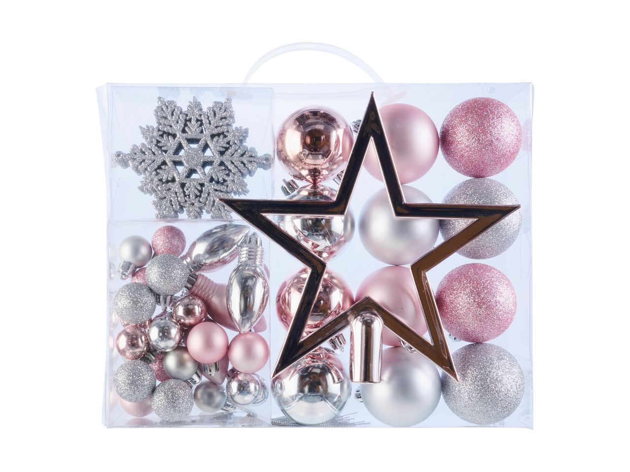 Christmas ornament set with silver snowflake, pink and silver baubles, and a large star.