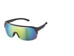 A pair of black wraparound sunglasses with iridescent lenses.