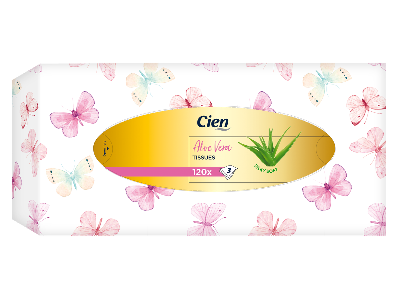 Boîte de mouchoirs Cien Aloe Vera avec 120 mouchoirs soyeux et doux, avec un motif papillon.