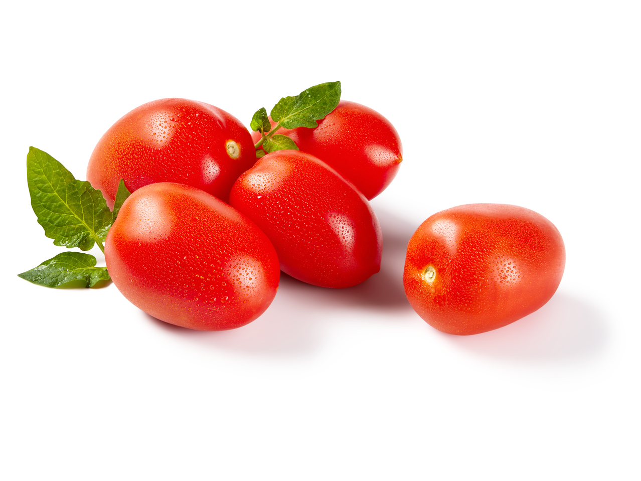 Fresh red plum tomatoes with green leaves and water droplets.