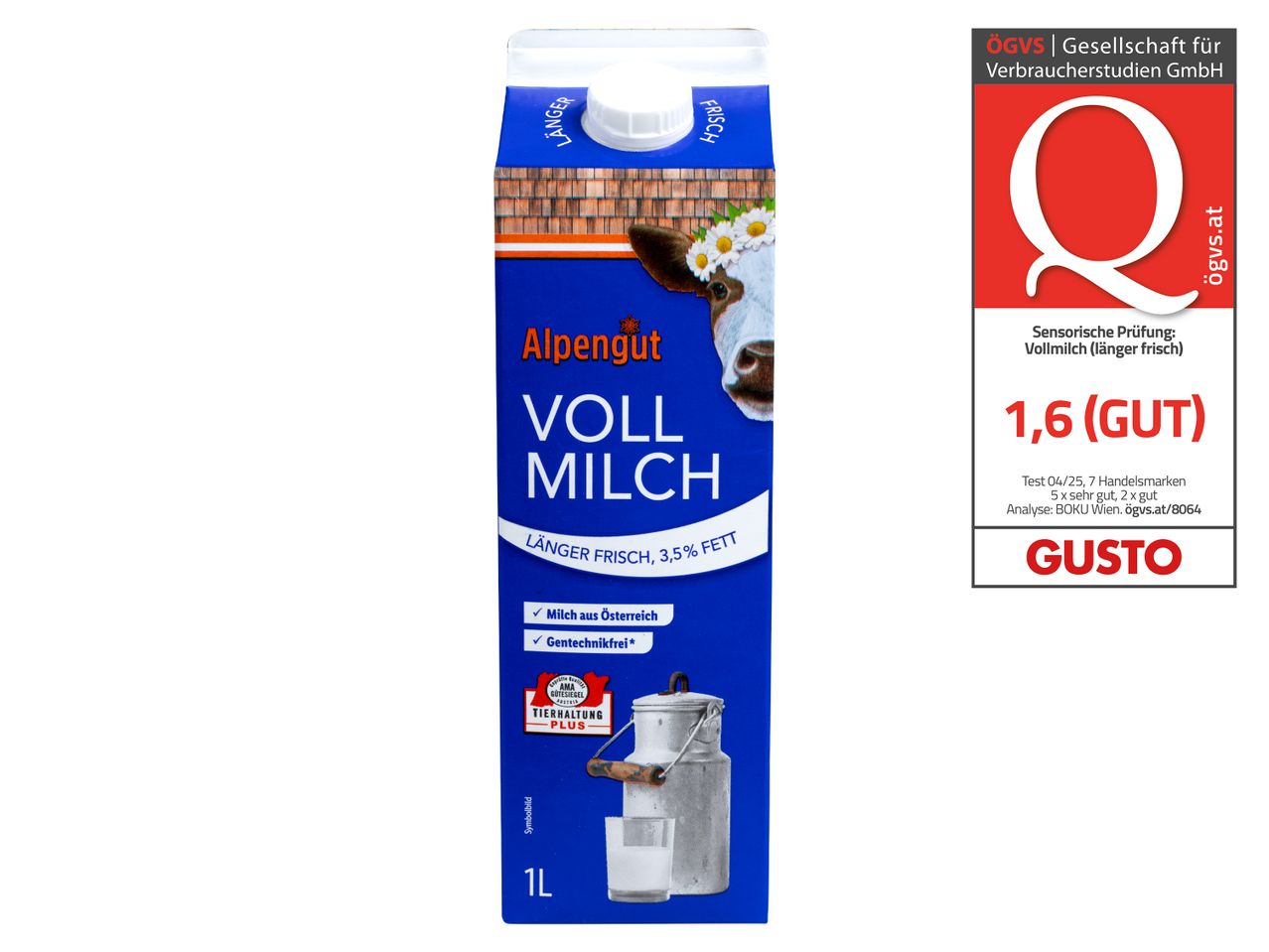 Alpengut Vollmilch, 1 Liter Packung, mit Qualitätssiegel.