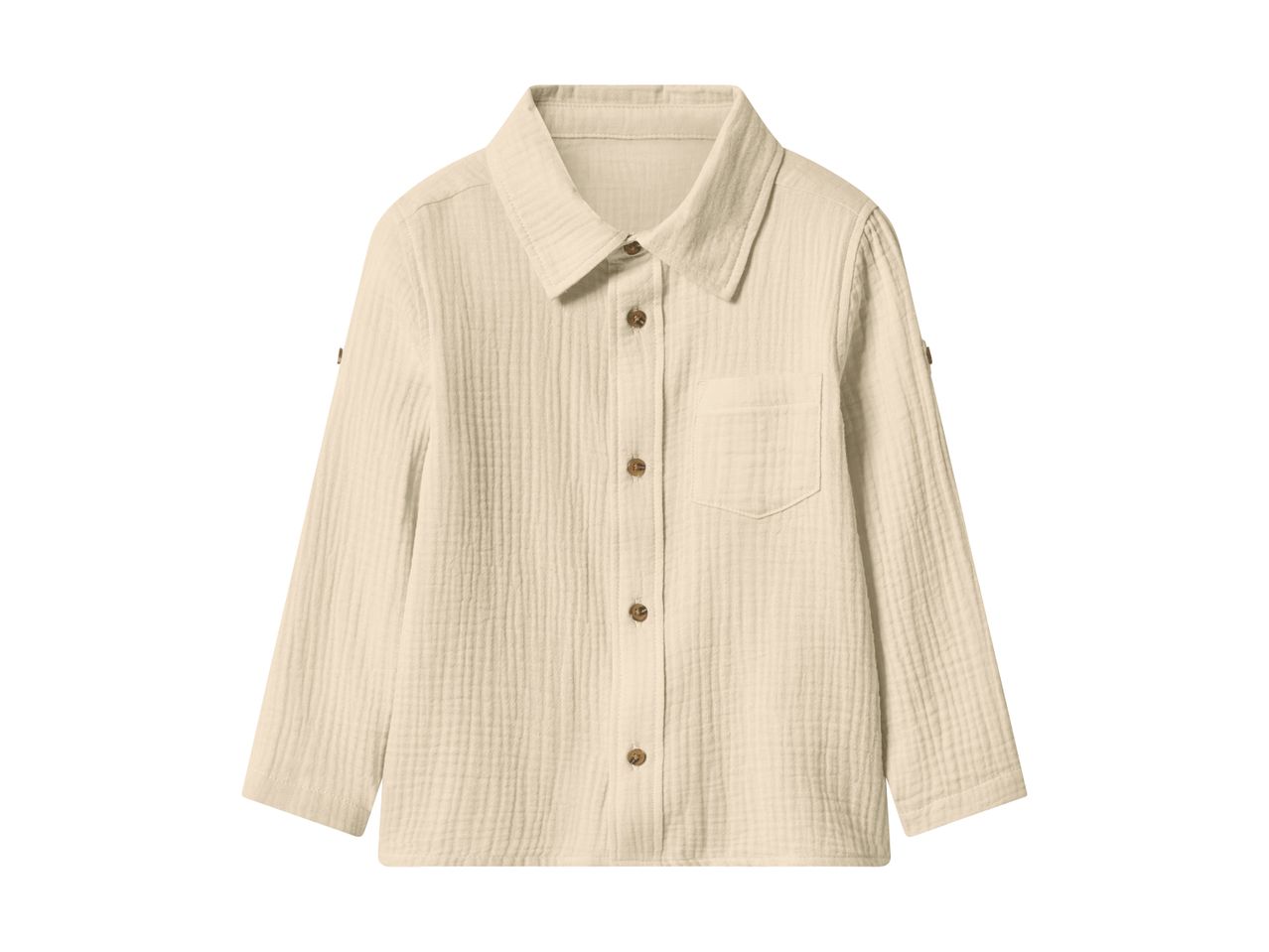 En beige langærmet skjorte med knapper og en brystlomme.