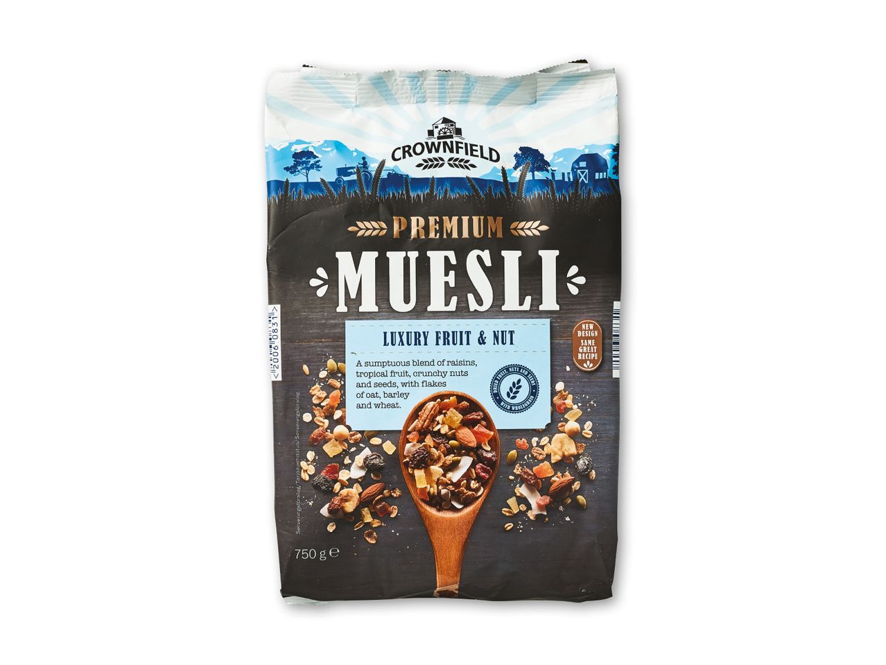 Premium müsli med luksusfrugt og nødder, 750g pakke med et nyt design, men samme opskrift.