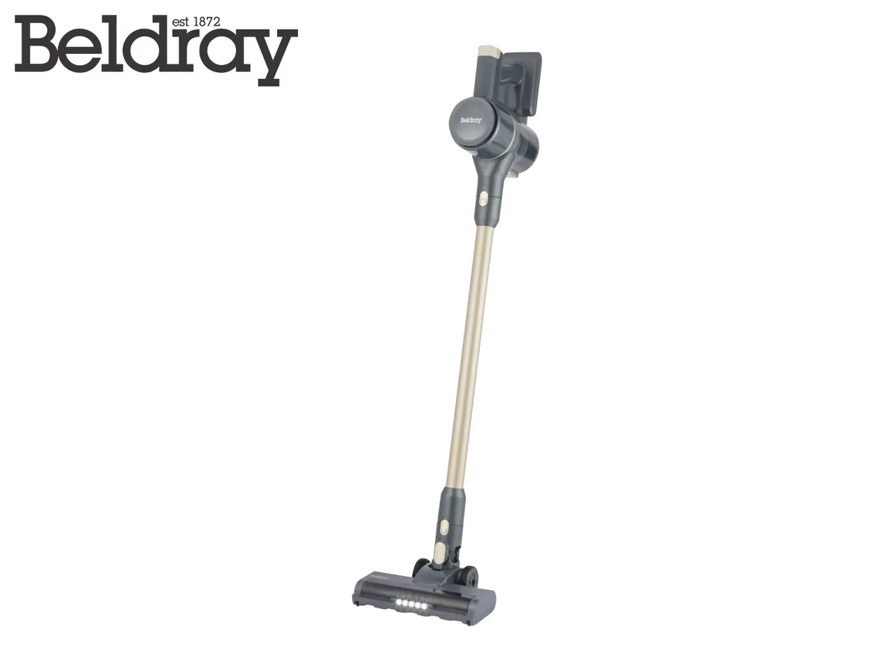 Cordless stick vacuum cleaner with a long handle and a floor head with LED lights.