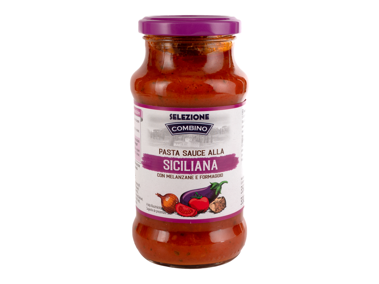 Sos pentru paste COMBINO Alla Siciliana cu vinete și brânză într-un borcan.