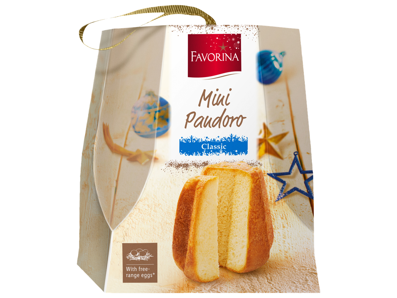 Favorina Mini Pandoro Classic su laisvai laikomų vištų kiaušiniais, kalėdinės dekoracijos fone.