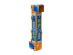 A blue and orange toy marble run tower with arrows and circles.