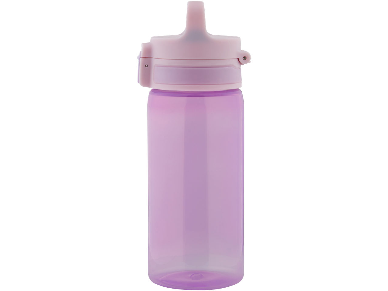 A lavender-colored plastic water bottle with a pink lid and carry handle.
