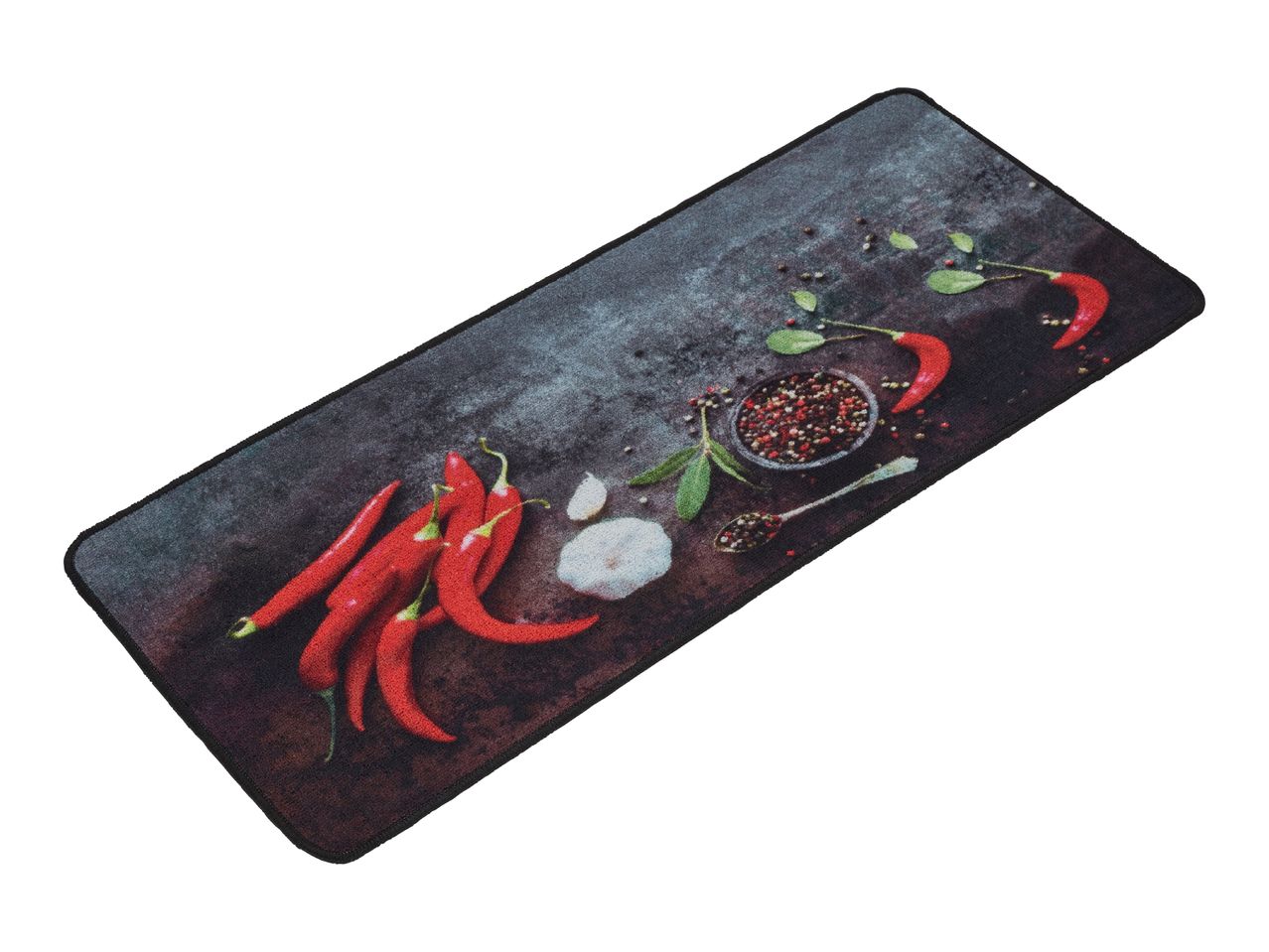 A rectangular mousepad featuring a vibrant design of red chili peppers and spices on a dark background.