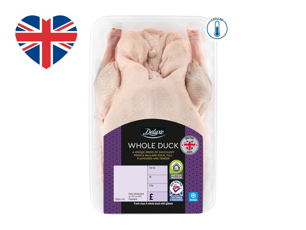 Deluxe British Whole Duck in packaging, with Union Jack heart and 'Chilled' icon.