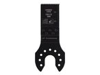 Black oscillating multi-tool saw blade with measurement markings and material icons