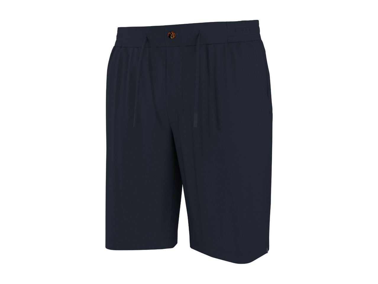 Dark blue men's shorts with a drawstring waist and a single button closure.