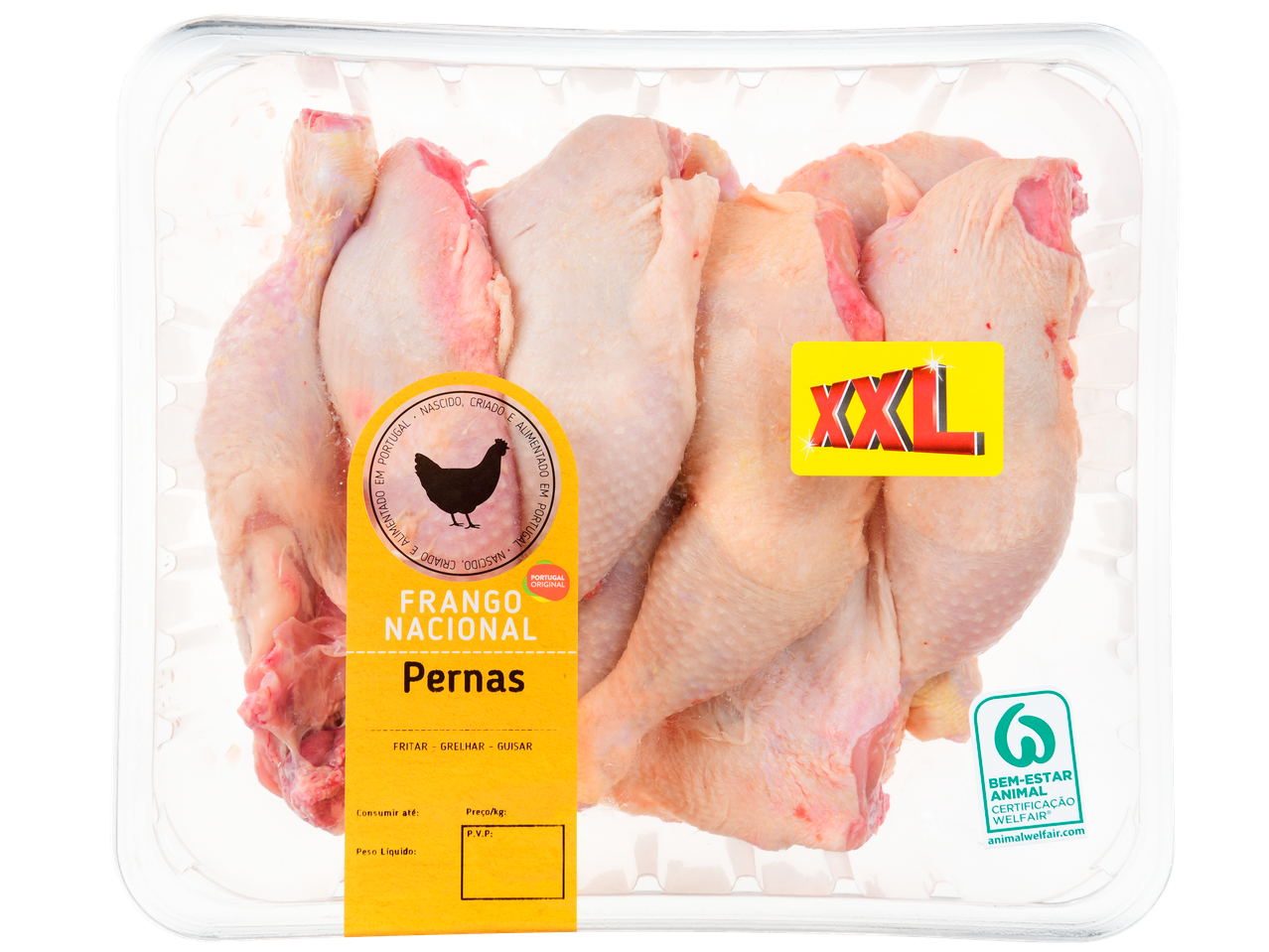 Pernas de frango XXL numa embalagem com rótulos de origem e instruções de cozedura.