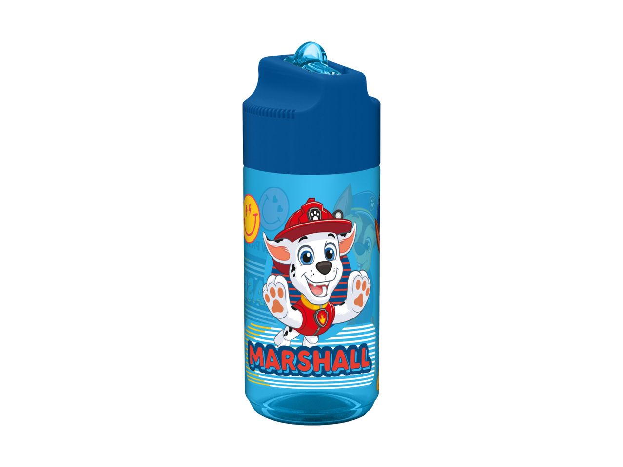 En blå Paw Patrol drikkeflaske med Marshall.