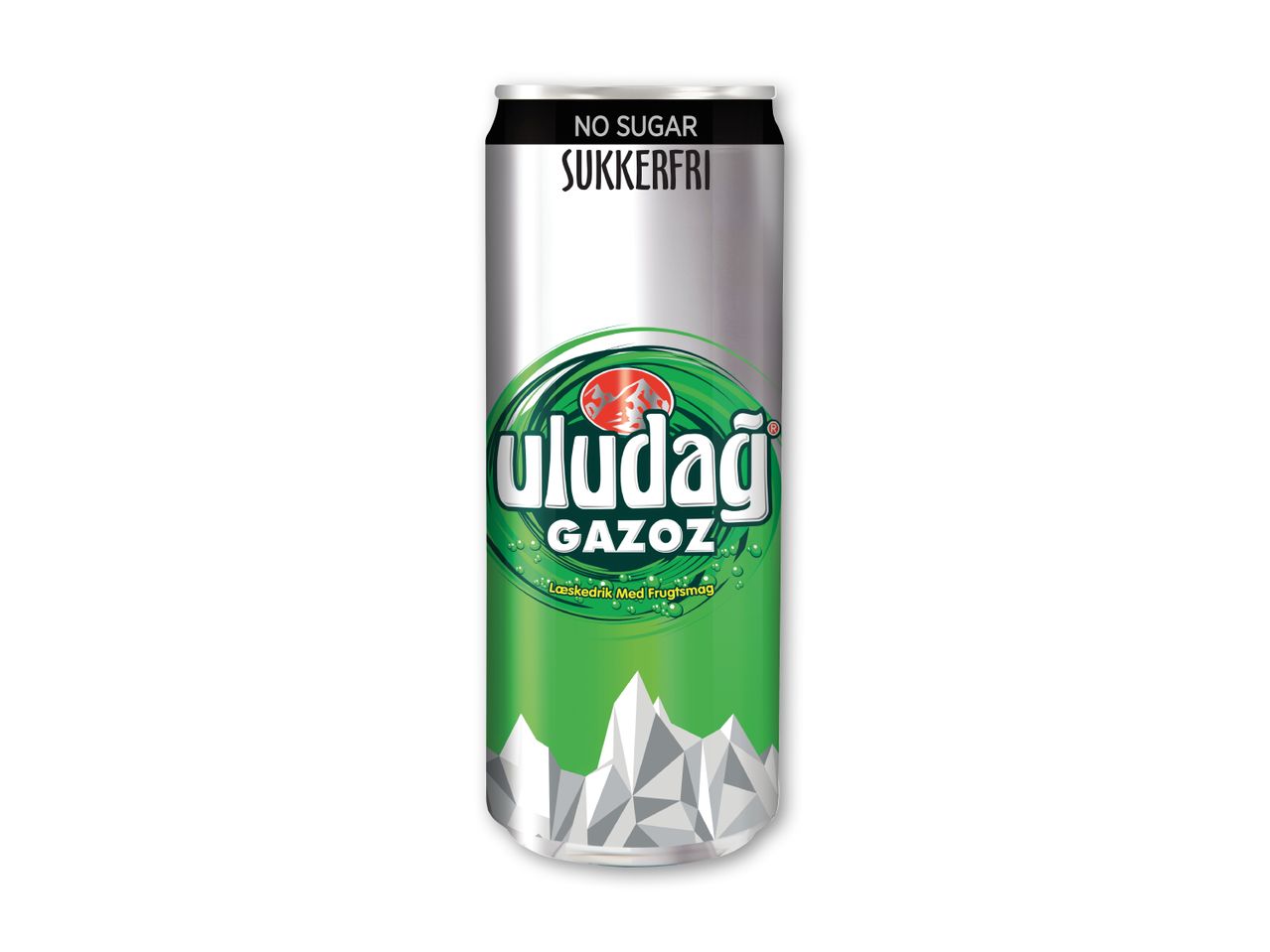 Sølvfarvet sodavandsdåse med grøn etiket, der viser bjerge og teksten 'NO SUGAR SUKKERFRI'.
