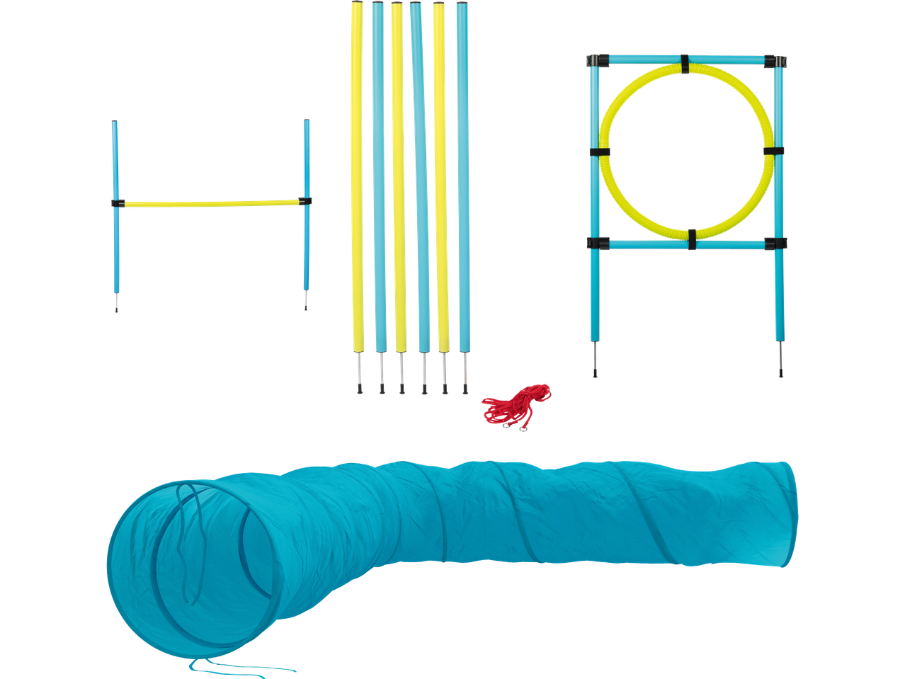 Hinderbana för hundar med hopphinder, slalomstolpar, tunnel och hoppring i blått och gult.