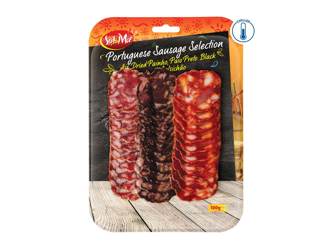 Chilled Portuguese sausage selection with air-dried painho, paio preto, and salsichão, 100g.