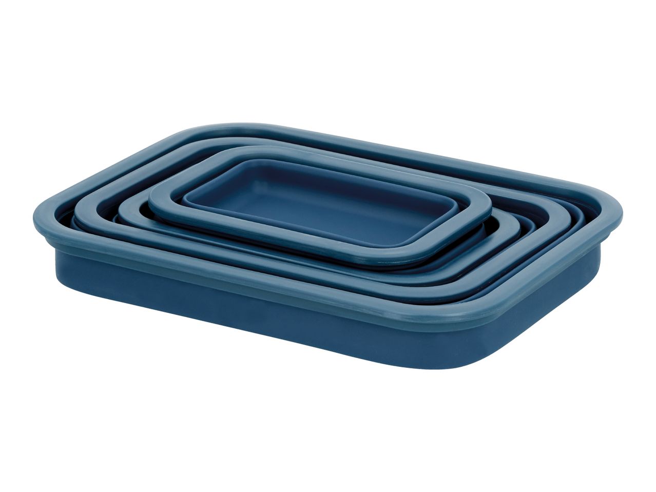 Set of four rectangular, nesting, dark blue silicone food containers.