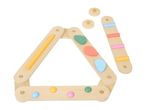 Wooden climbing triangle with colorful climbing holds and a separate ladder.