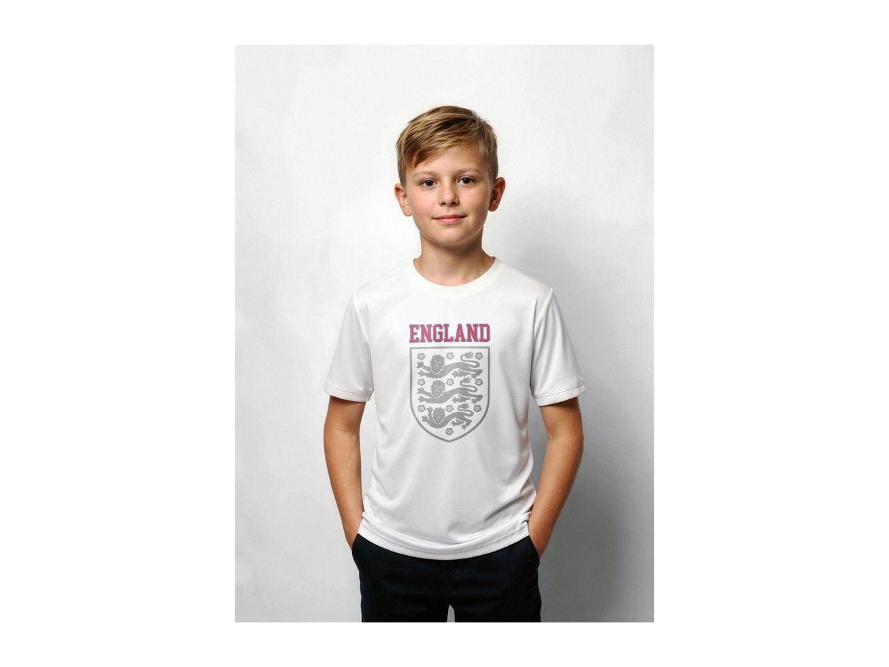 Boy in a white t-shirt with 'ENGLAND' and a crest, hands in pockets.