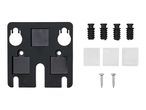 Black wall mount with screws, wall plugs, and adhesive pads for installation.
