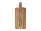 Wooden cutting board with a handle and a metal eyelet, featuring natural wood grain.