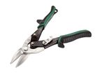 A pair of green and black tin snips with a spring-loaded handle.