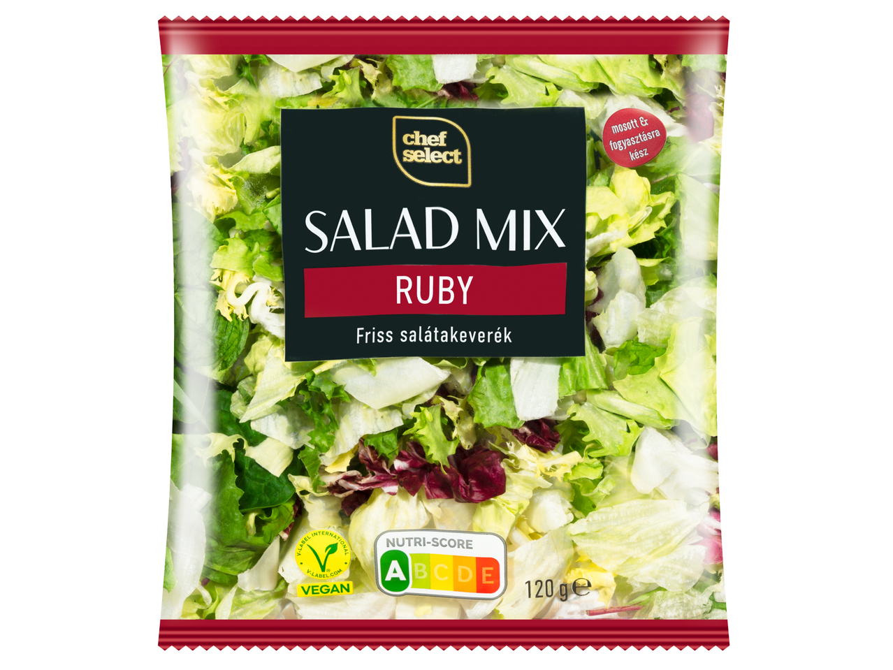Chef Select Ruby salátakeverék átlátszó csomagolásban, Nutri-Score A és Vegán címkével.