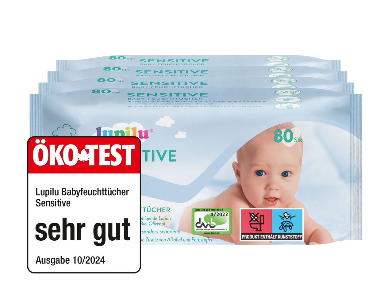 Lupilu Sensitive Babyfeuchttücher, 4x 80 Stück, ÖKO-TEST ausgezeichnet.