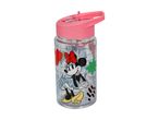 Clear water bottle with a pink lid and a cartoon mouse character design.