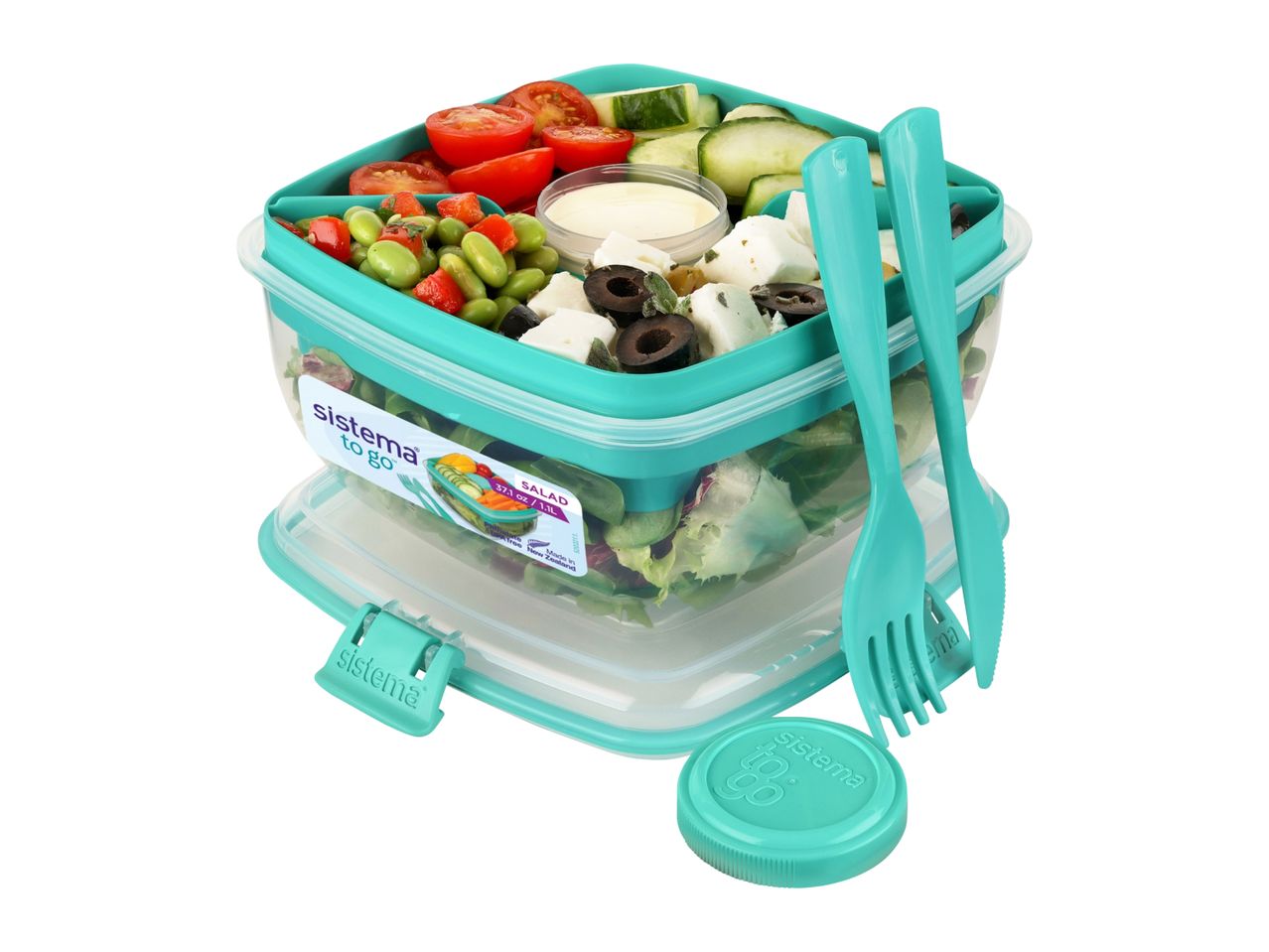 A teal salad container filled with fresh salad ingredients, with a fork and knife set.