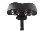 Black bicycle saddle with metal post, viewed from below.