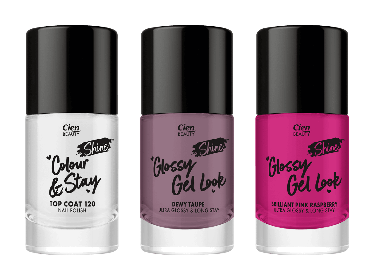 Drei Cien Beauty Nagellackflaschen, darunter ein Überlack und zwei Gel-Look-Lacke.