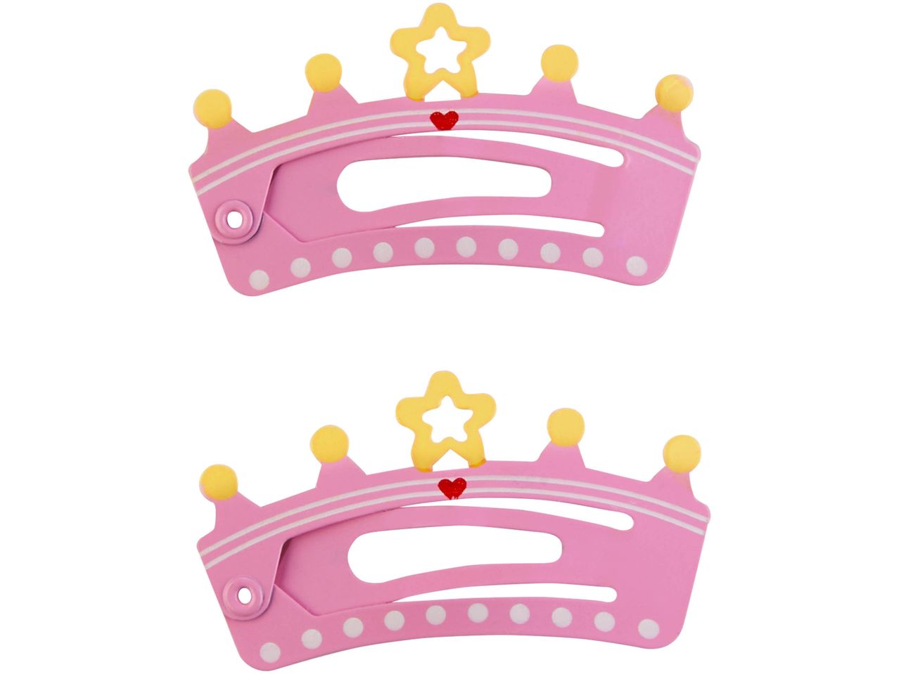 Due fermagli per capelli a forma di corona rosa con decorazioni gialle e un cuore rosso.
