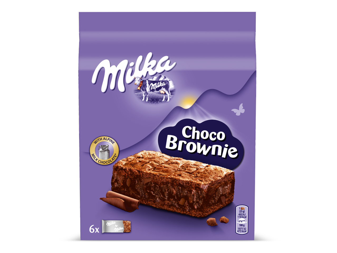 Paarse verpakking met een chocoladebrownie en de tekst 'Choco Brownie'.